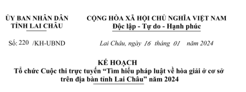 Kế hoạch Tổ chức Cuộc thi trực tuyến "Tìm hiểu pháp luật về hòa giải ở cơ sở trên địa bàn tỉnh Lai Châu" năm 2024